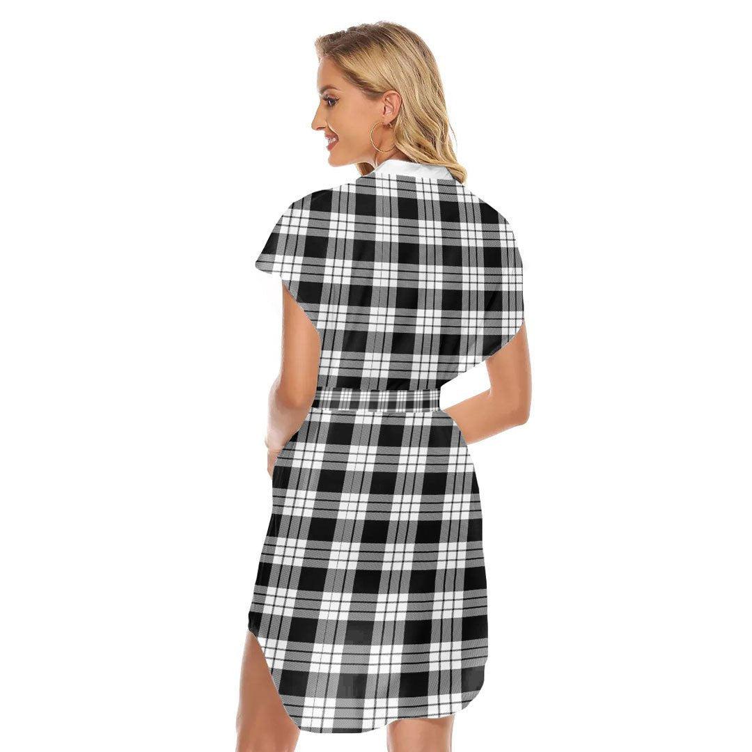 MacFarlane Black White Tartan Plaid Stand-up Collar Casual Dress With Belt