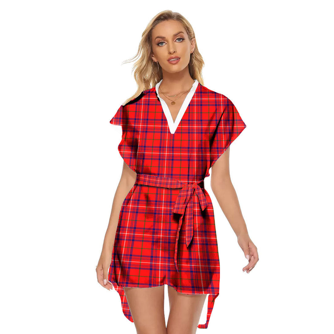 Rose Modern Tartan Plaid Stand-up Collar Casual Dress With Belt