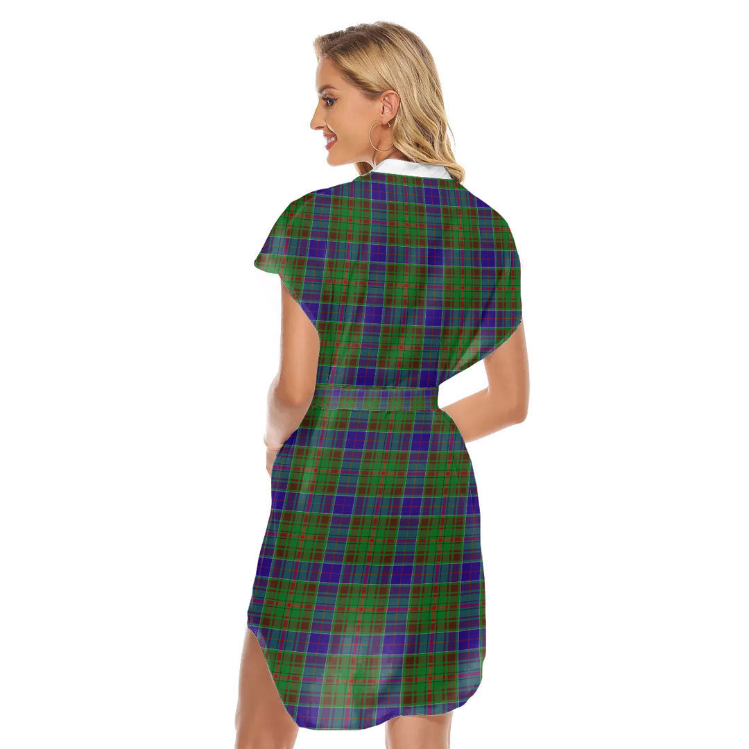Adam Tartan Plaid Stand-up Collar Casual Dress With Belt