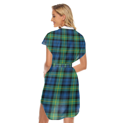 Gordon Ancient Tartan Plaid Stand-up Collar Casual Dress With Belt