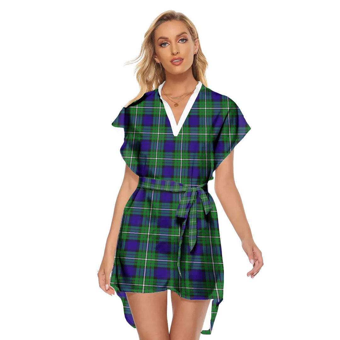 Alexander Tartan Plaid Stand-up Collar Casual Dress With Belt