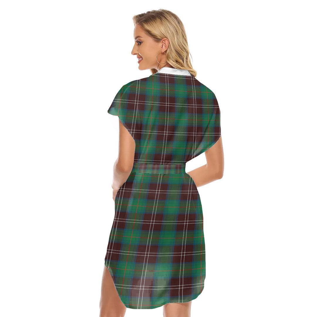 Chisholm Hunting Ancient Tartan Plaid Stand-up Collar Casual Dress With Belt