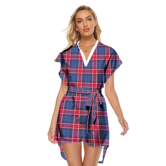 Graham of Menteith Red Tartan Plaid Stand-up Collar Casual Dress With Belt