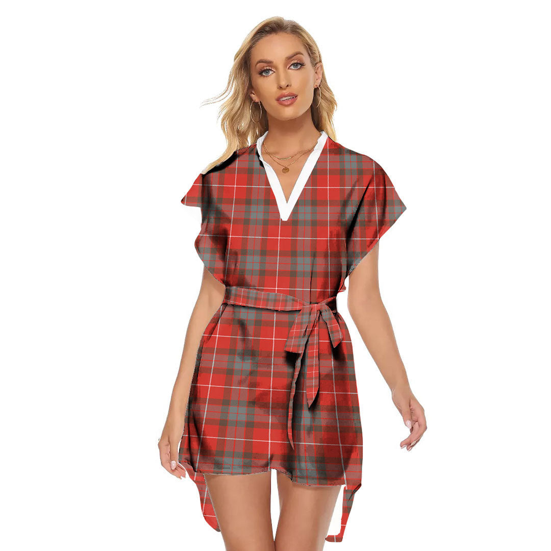 Fraser Weathered Tartan Plaid Stand-up Collar Casual Dress With Belt
