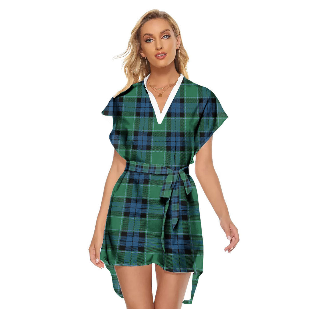 Graham of Menteith Ancient Tartan Plaid Stand-up Collar Casual Dress With Belt