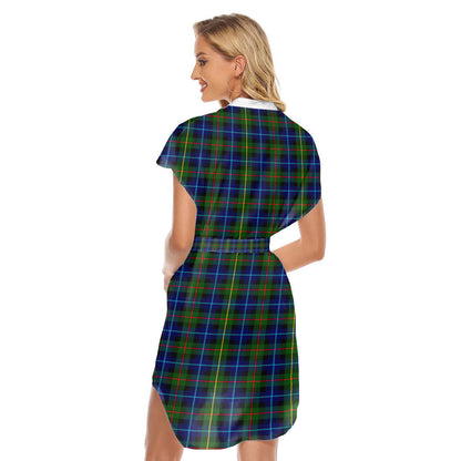 Smith Modern Tartan Plaid Stand-up Collar Casual Dress With Belt