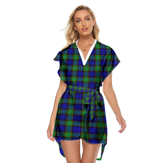 Sempill Modern Tartan Plaid Stand-up Collar Casual Dress With Belt