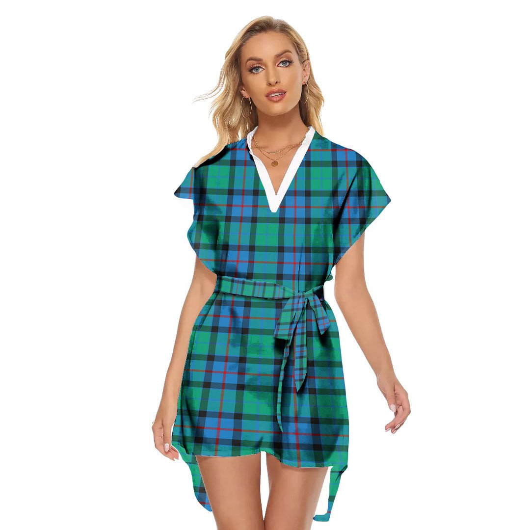 Flower Of Scotland Tartan Plaid Stand-up Collar Casual Dress With Belt