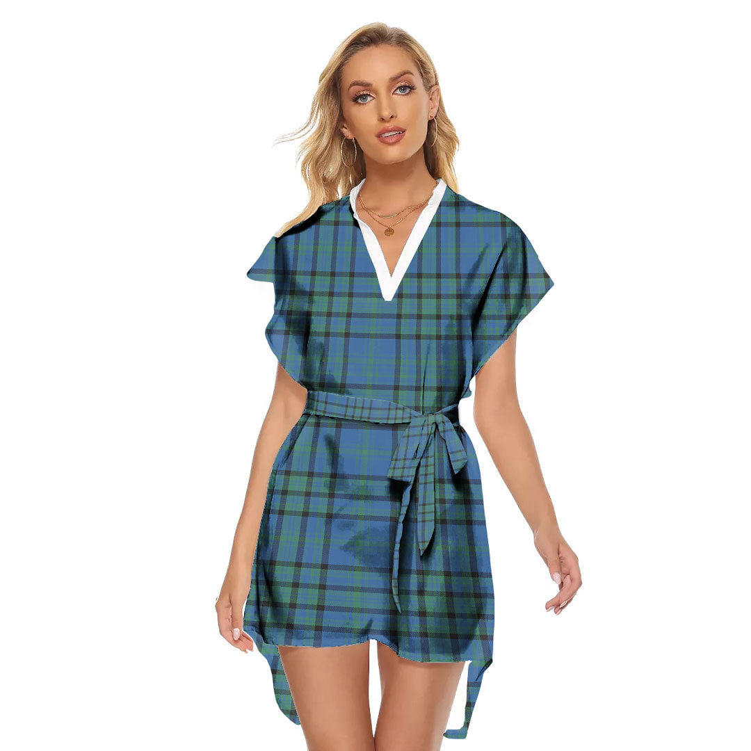 Matheson Hunting Ancient Tartan Plaid Stand-up Collar Casual Dress With Belt