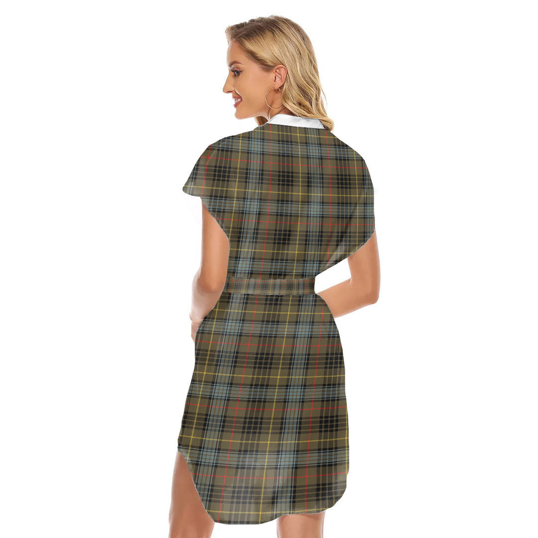 Stewart Hunting Weathered Tartan Plaid Stand-up Collar Casual Dress With Belt