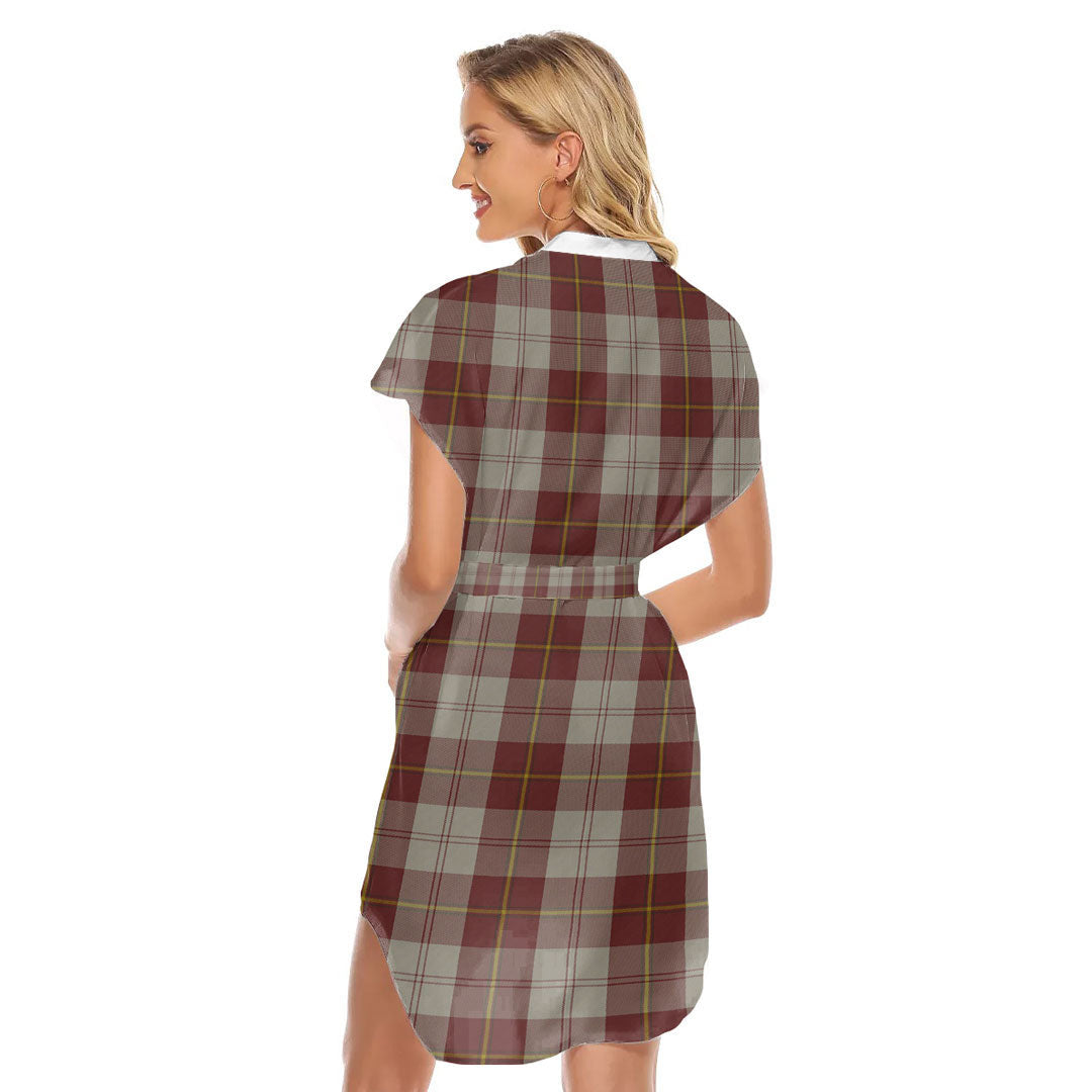 Cunningham Burgundy Dancers Tartan Plaid Stand-up Collar Casual Dress With Belt