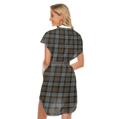 Stewart Old Weathered Tartan Plaid Stand-up Collar Casual Dress With Belt