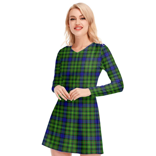 Rollo Modern Tartan Plaid V-neck Long Sleeve Dress