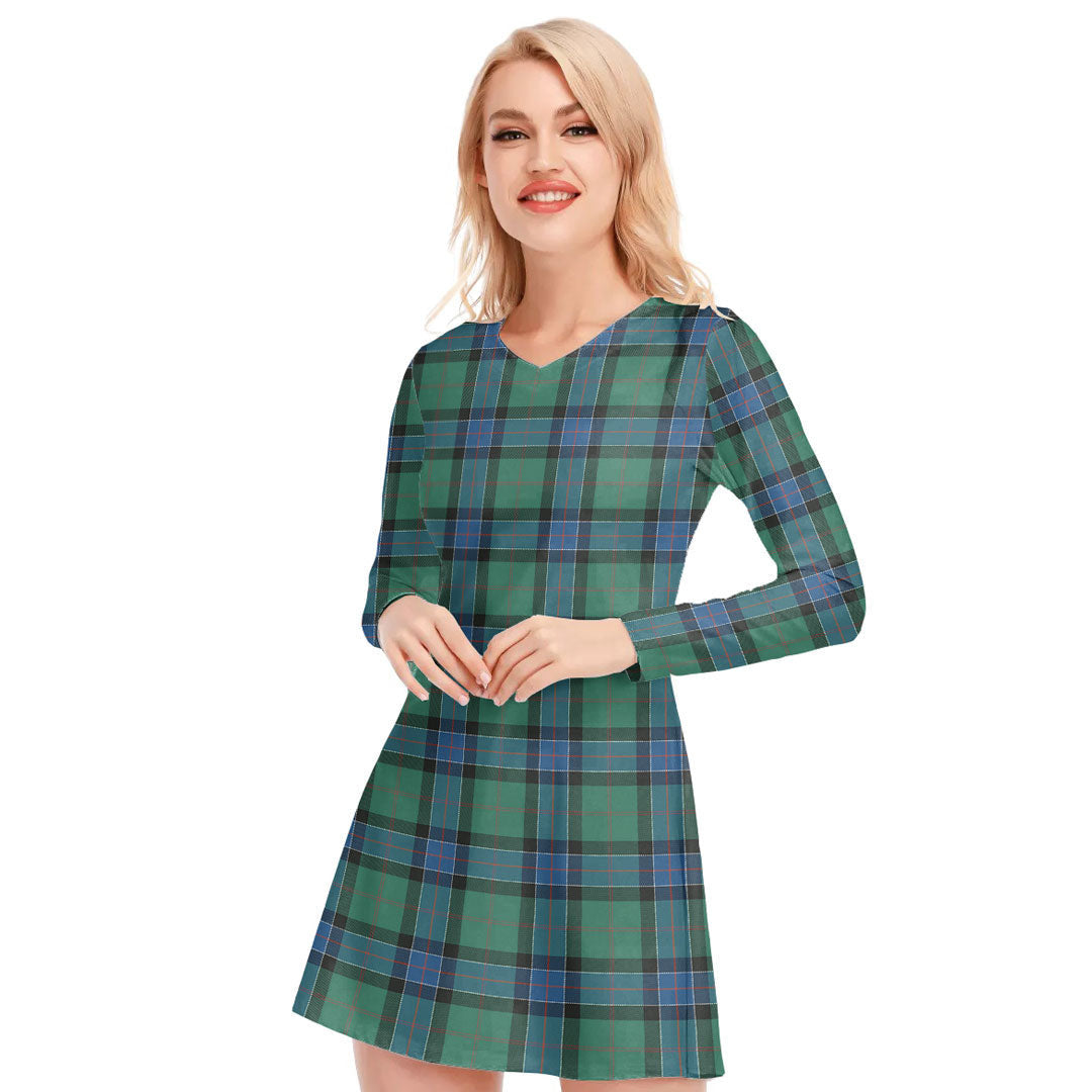 Sinclair Hunting Ancient Tartan Plaid V-neck Long Sleeve Dress