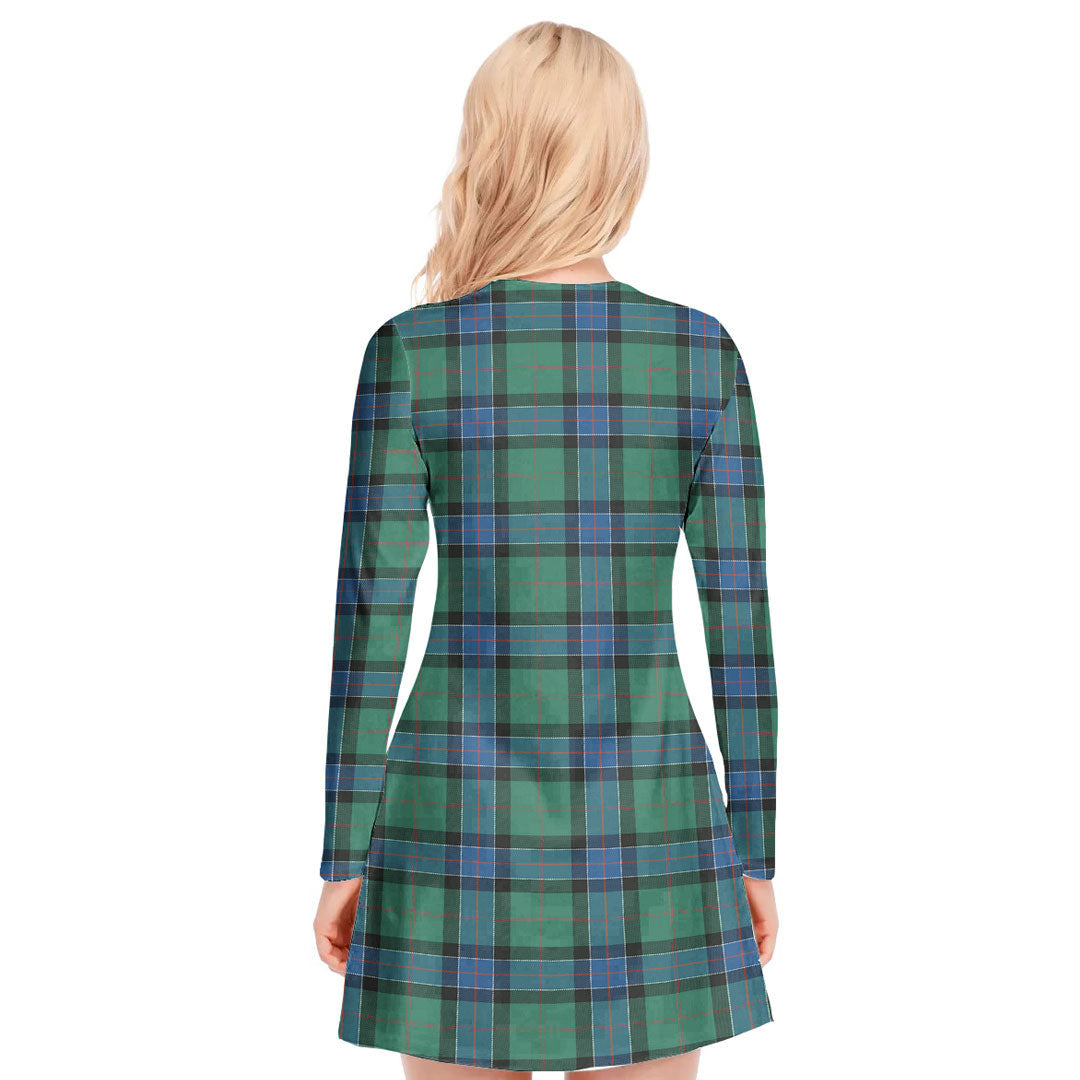 Sinclair Hunting Ancient Tartan Plaid V-neck Long Sleeve Dress