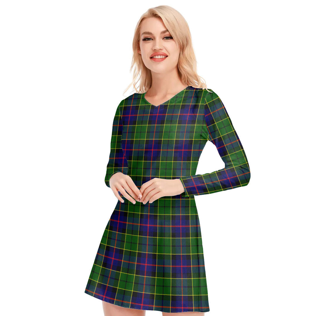 Forsyth Modern Tartan Plaid V-neck Long Sleeve Dress