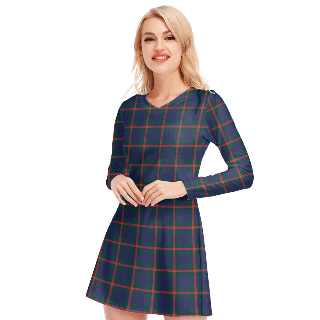 Agnew Modern Tartan Plaid V-neck Long Sleeve Dress