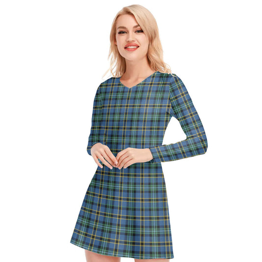 Weir Ancient Tartan Plaid V-neck Long Sleeve Dress