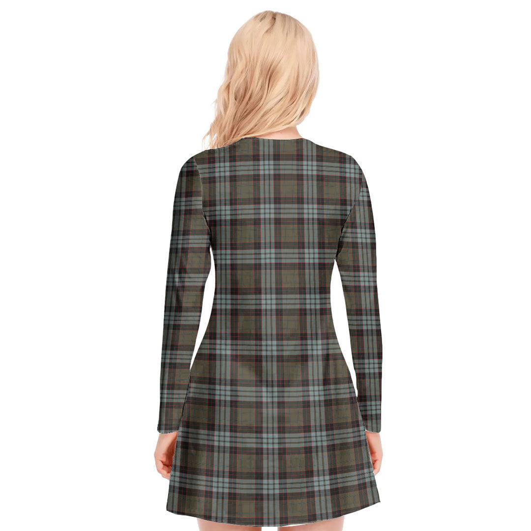 Stewart Old Weathered Tartan Plaid V-neck Long Sleeve Dress