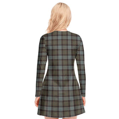 Stewart Old Weathered Tartan Plaid V-neck Long Sleeve Dress