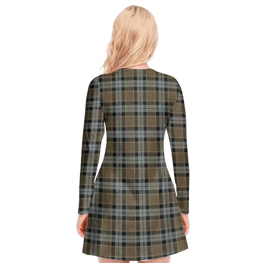 Graham of Menteith Weathered Tartan Plaid V-neck Long Sleeve Dress