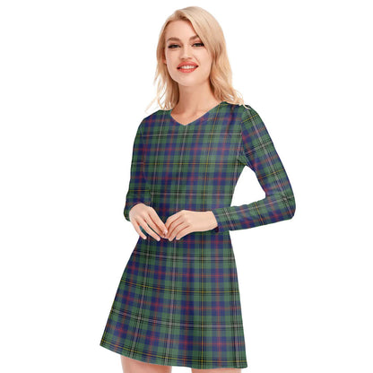 Wood Modern Tartan Plaid V-neck Long Sleeve Dress