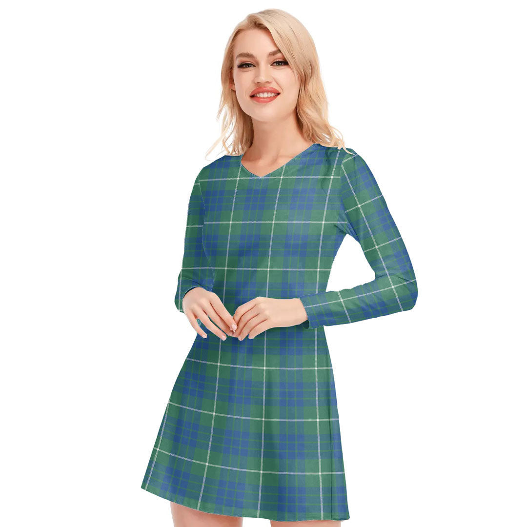 Hamilton Hunting Ancient Tartan Plaid V-neck Long Sleeve Dress