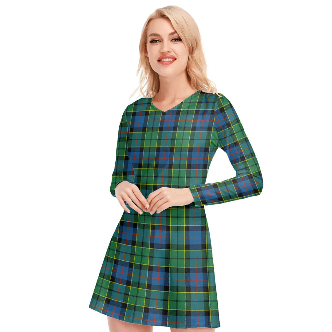 Forsyth Ancient Tartan Plaid V-neck Long Sleeve Dress