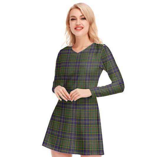 MacMillan Hunting Modern Tartan Plaid V-neck Long Sleeve Dress