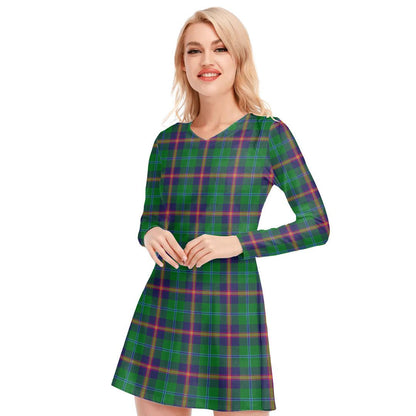 Young Modern Tartan Plaid V-neck Long Sleeve Dress