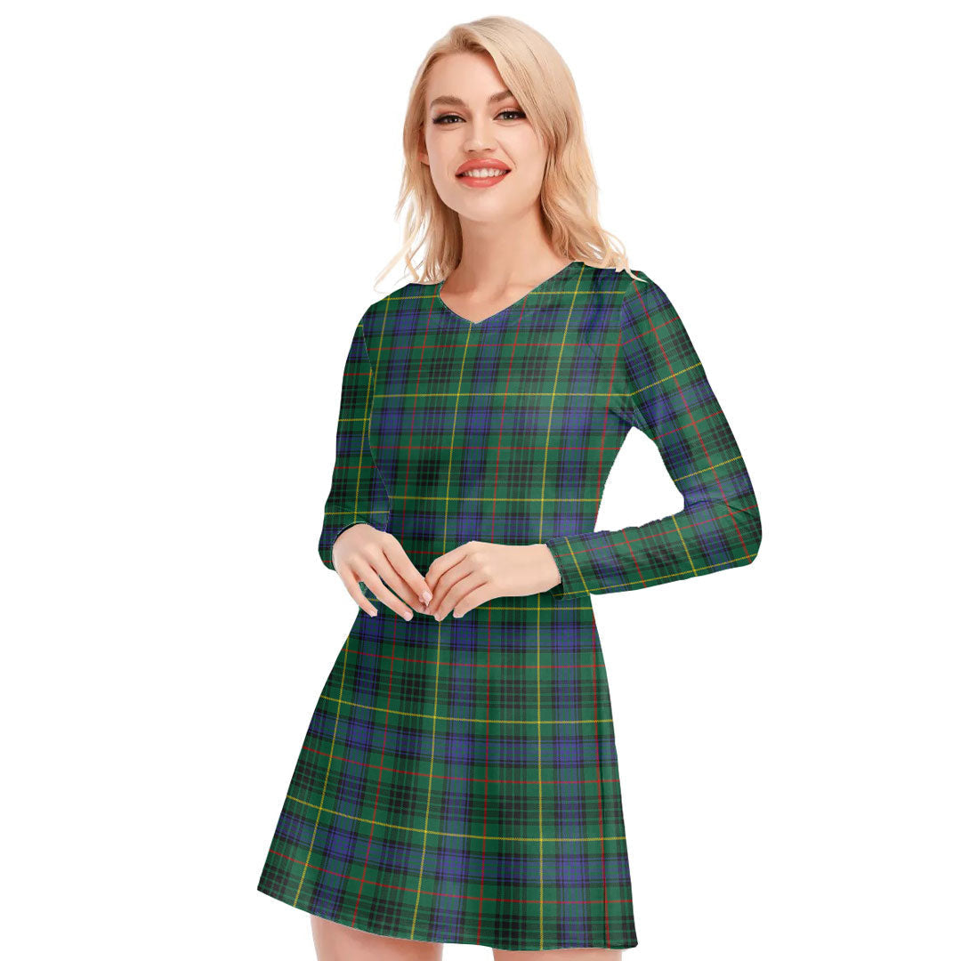 Stewart Hunting Modern Tartan Plaid V-neck Long Sleeve Dress