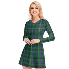 Stewart Hunting Modern Tartan Plaid V-neck Long Sleeve Dress
