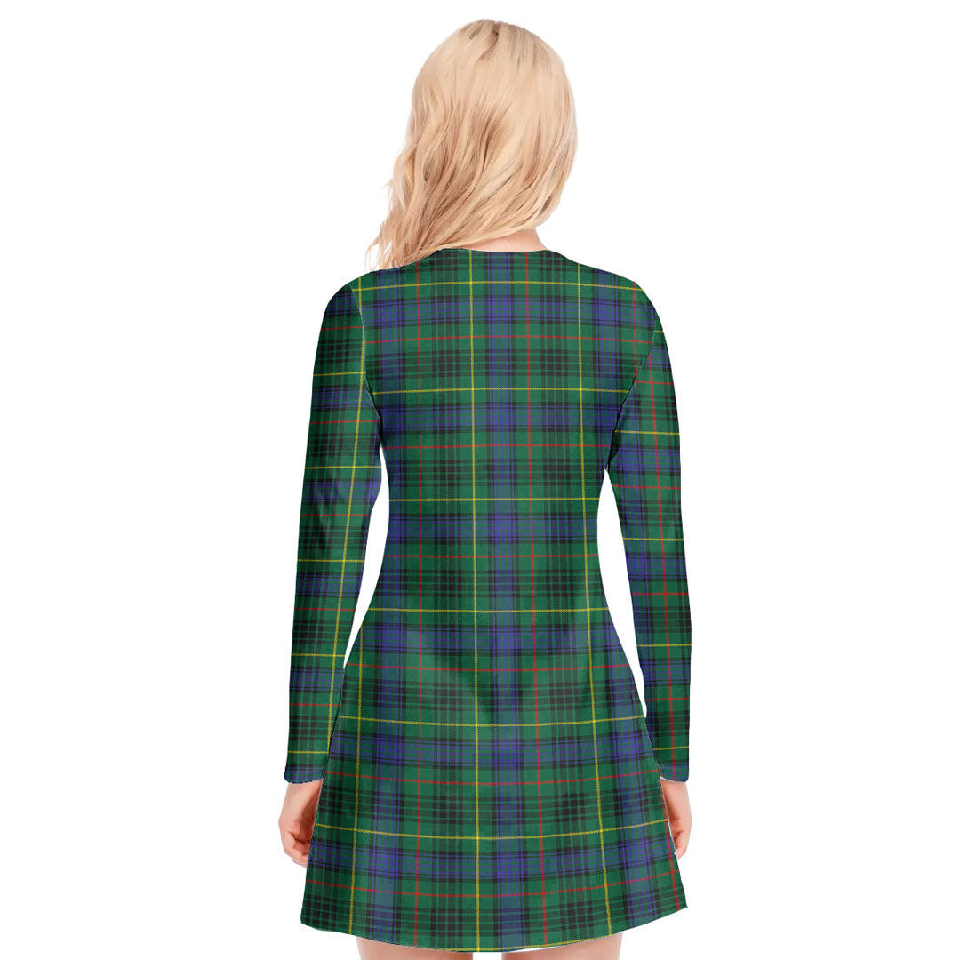 Stewart Hunting Modern Tartan Plaid V-neck Long Sleeve Dress