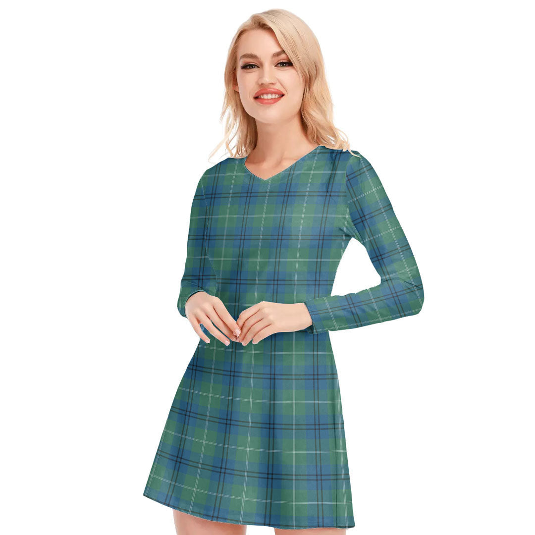 Oliphant Ancient Tartan Plaid V-neck Long Sleeve Dress