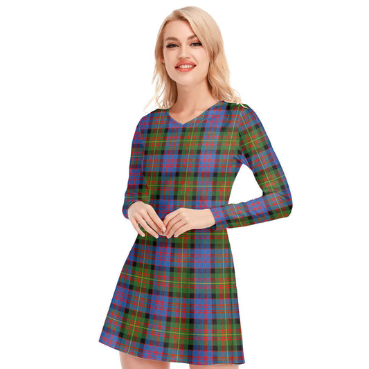 Carnegie Ancient Tartan Plaid V-neck Long Sleeve Dress