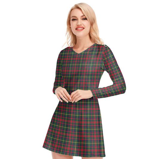 MacKintosh Hunting Modern Tartan Plaid V-neck Long Sleeve Dress