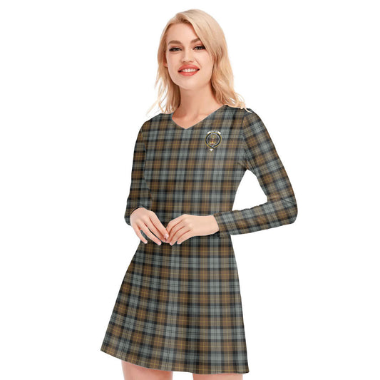 Gordon Weathered Tartan Crest V-neck Long Sleeve Dress