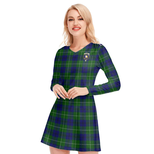 Oliphant Modern Tartan Crest V-neck Long Sleeve Dress