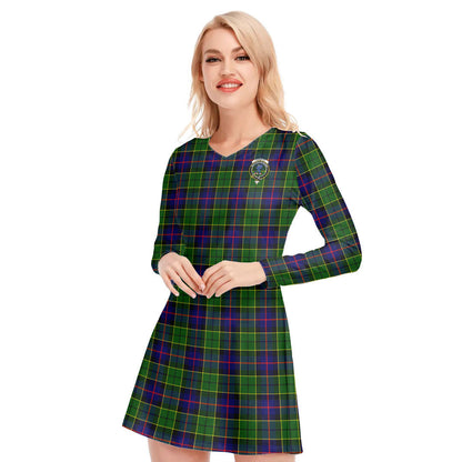 Forsyth Modern Tartan Crest V-neck Long Sleeve Dress