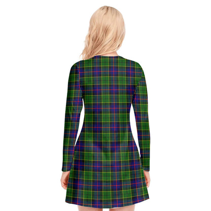 Forsyth Modern Tartan Crest V-neck Long Sleeve Dress