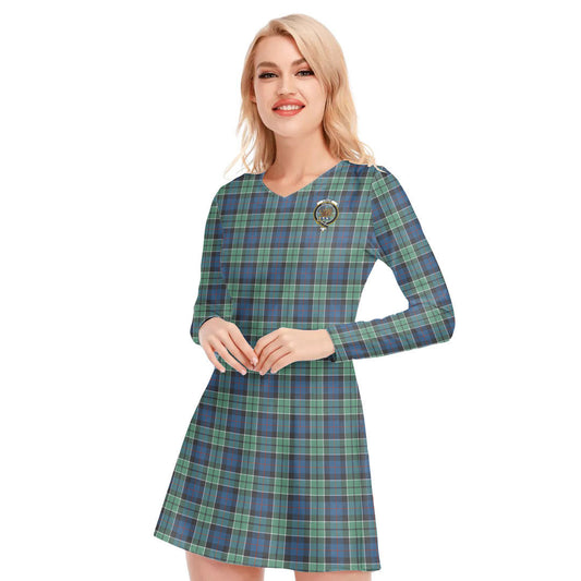 Leslie Hunting Ancient Tartan Crest V-neck Long Sleeve Dress