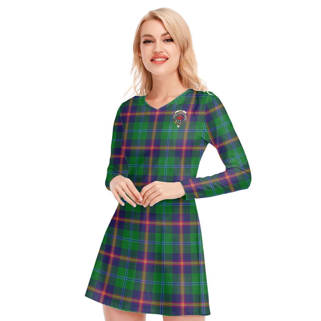 Young Modern Tartan Crest V-neck Long Sleeve Dress