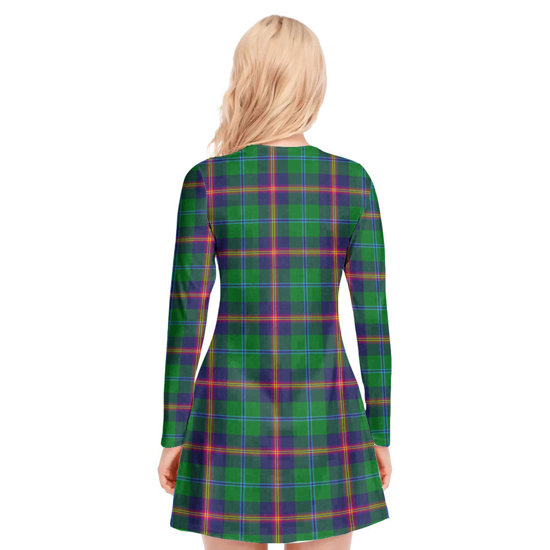 Young Modern Tartan Crest V-neck Long Sleeve Dress