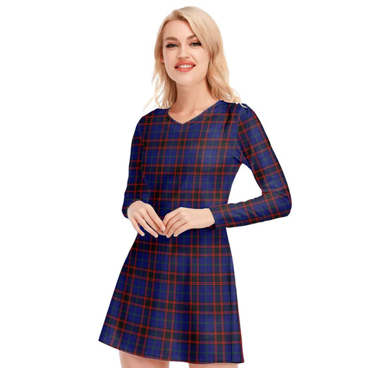 Home Modern Tartan Plaid V-neck Long Sleeve Dress