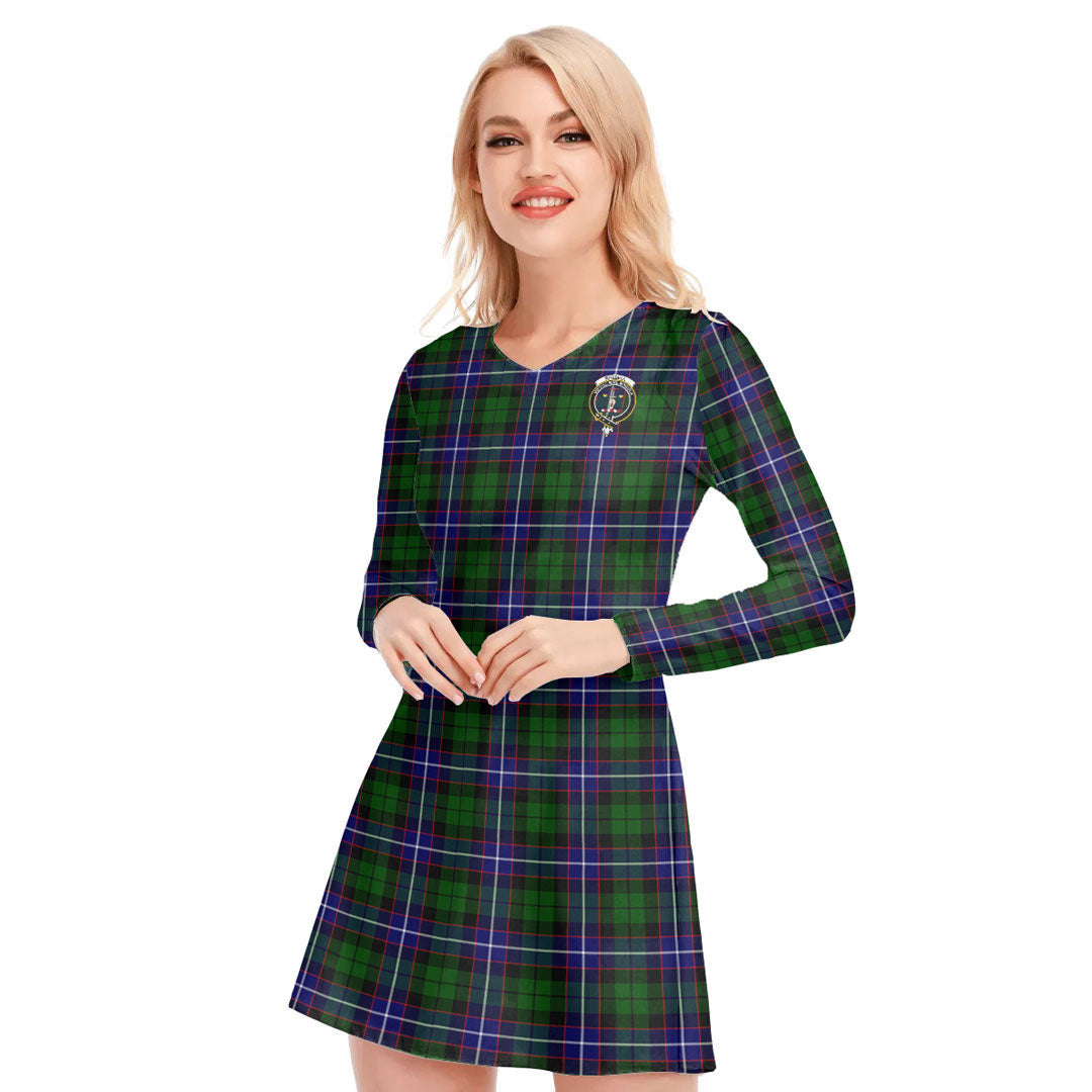 Russell Modern Tartan Crest V-neck Long Sleeve Dress