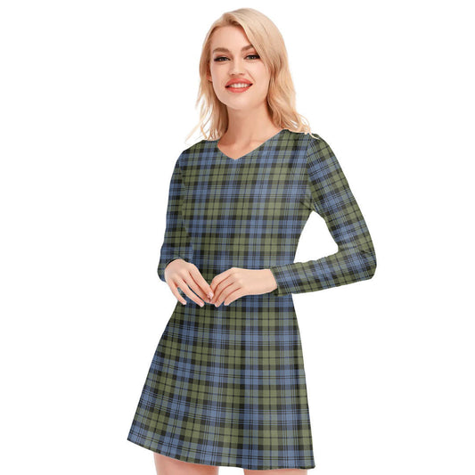 Campbell Faded Tartan Plaid V-neck Long Sleeve Dress