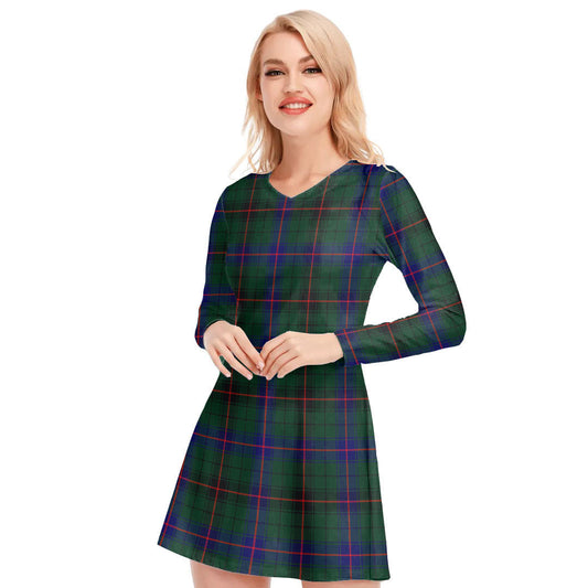 Davidson Modern Tartan Plaid V-neck Long Sleeve Dress