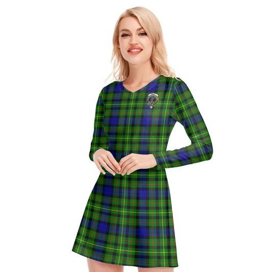 Rollo Modern Tartan Crest V-neck Long Sleeve Dress