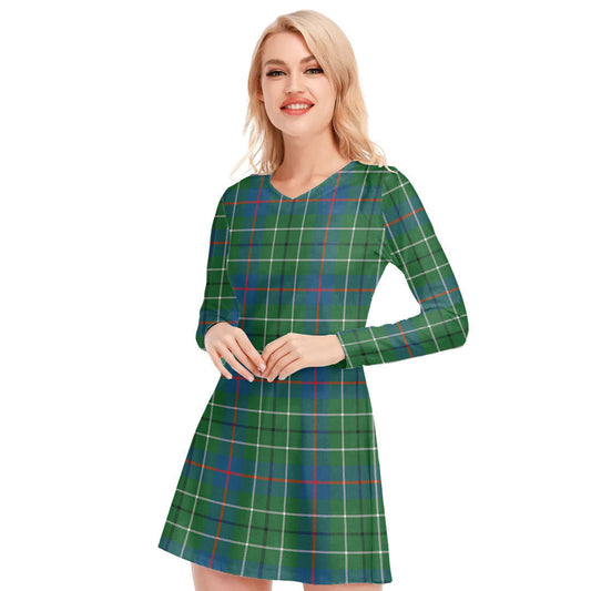 Duncan Ancient Tartan Plaid V-neck Long Sleeve Dress