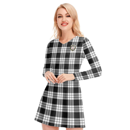 MacFarlane Black White Tartan Crest V-neck Long Sleeve Dress